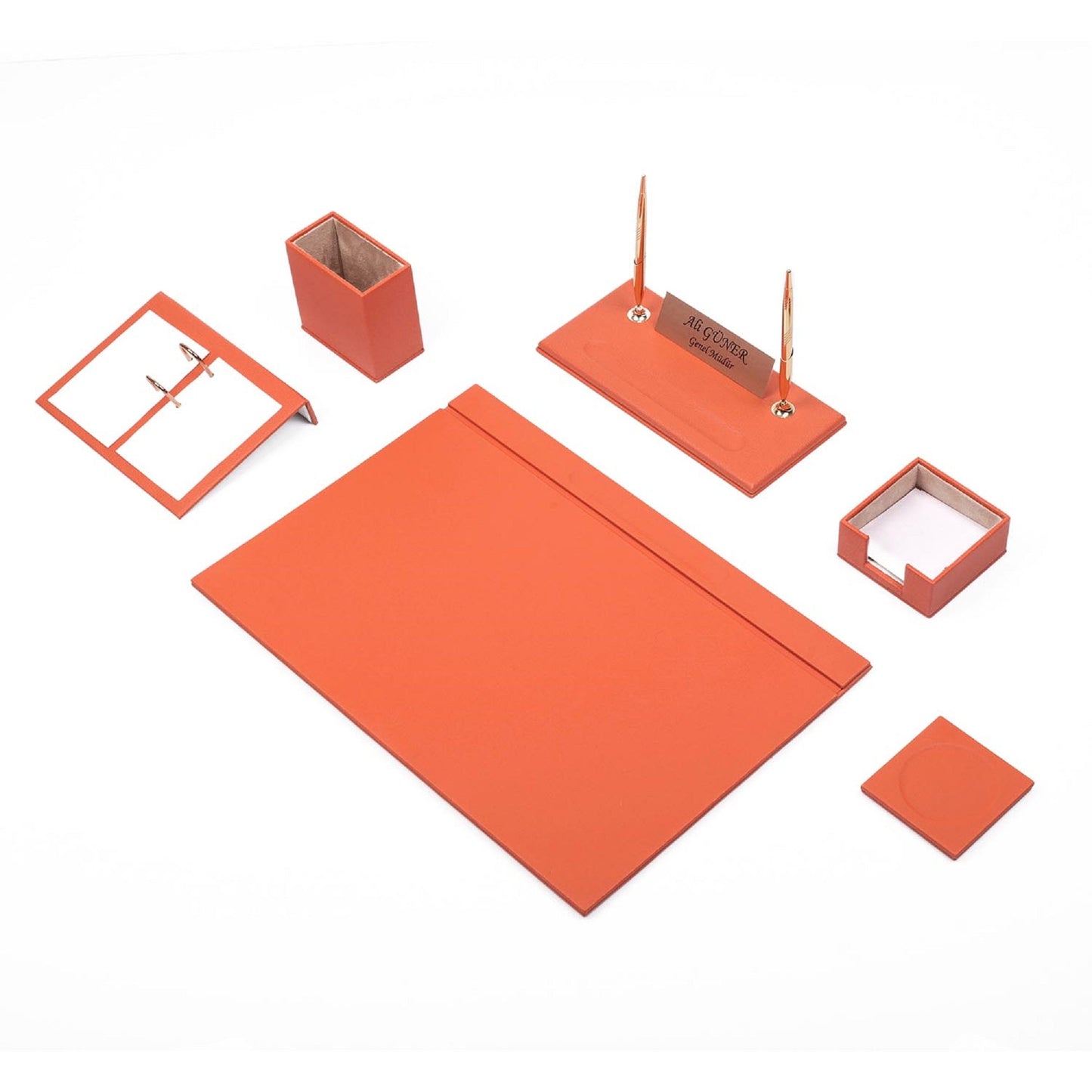 MOOG Leather Desk Set-8 Accessories - Orange  - 8 PCS