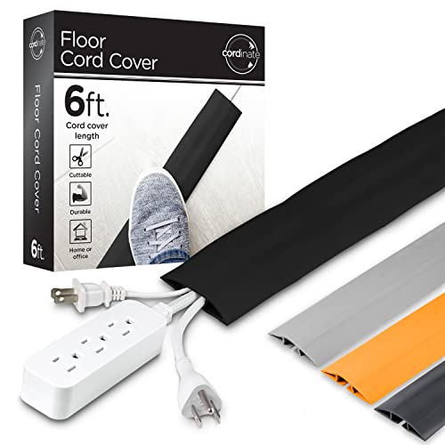 Cordinate 6ft Floor Cord Cover, Cable Protector, Hide Extension Cords, Protect Cords, Prevent Cable Trips, Heavy Duty Cord Hider - Cable Cavity = 0.75" (W) x 0.43" (H) - Black