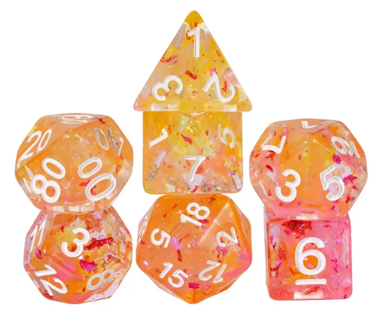 Orange & Pink 7-Dice Set | Swirl Foil Series Dice Semi-Translucent