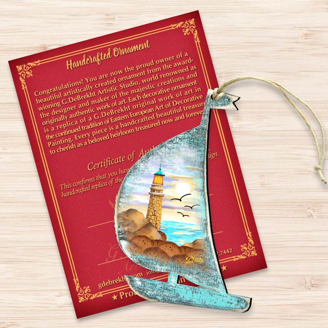 Lighthouse Boat Wooden Ornaments by G. DeBrekht - Coastal Holiday Decor - 8198524