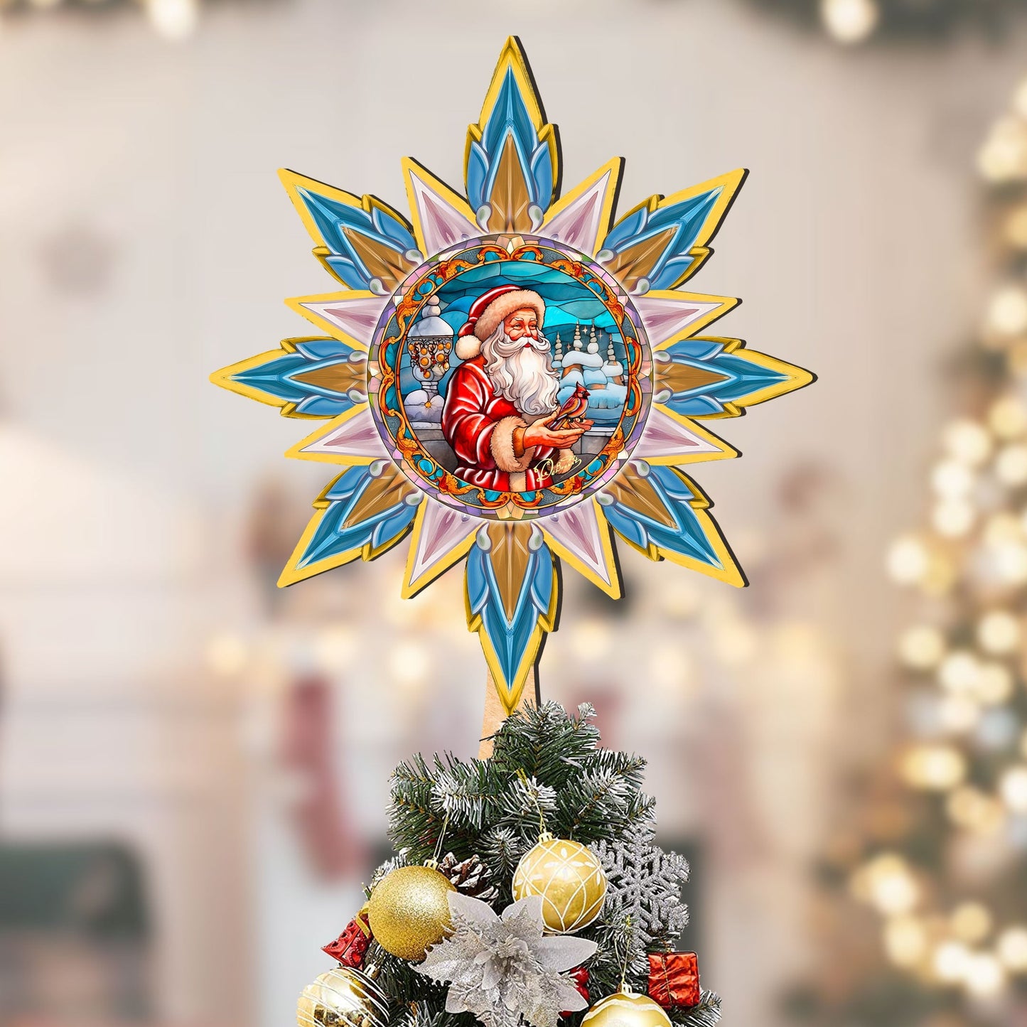 Santa with Cardinal Star Tree Topper Wooden Decor by G. Debrekht - Santa Snowman Decor - 89507