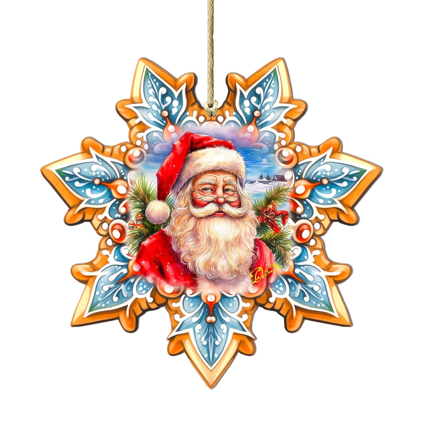 Santa Snowflake Wooden Ornaments by G. Debrekht - Christmas Santa Snowman Decor - 8688422