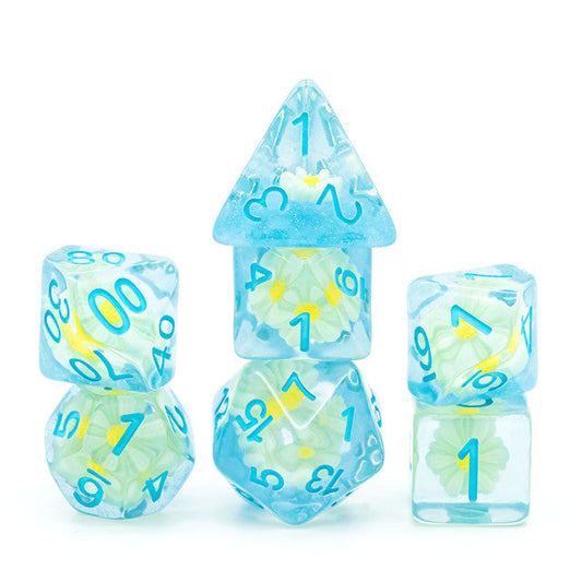 Sunflower Blue (Resin Flower) Dice 7-Dice Set Resin Dungeons and Dragons Dice