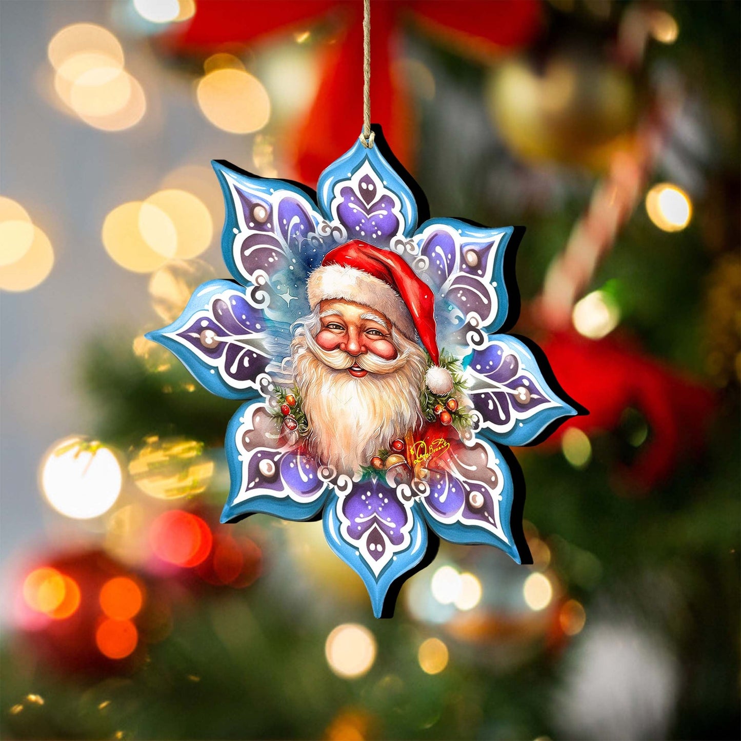 Smiling Santa Snowflake Wooden Ornaments by G. Debrekht - Christmas Santa Snowman Decor - 8688423