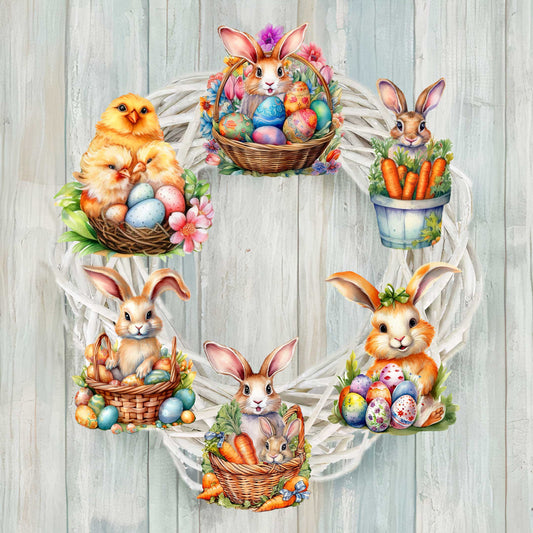 Eggs and Bunnies Clip-On Eco Wood Decorative Ornaments Set of 6 by G. Debrekht - Easter Decor - 8090057C-S6