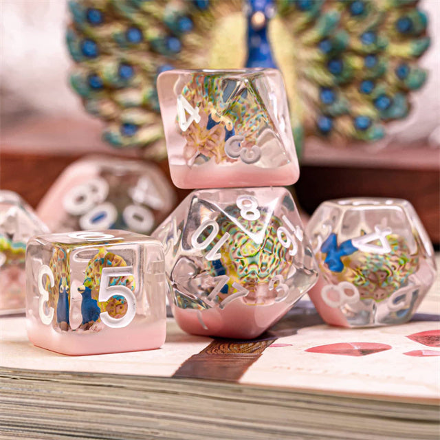 Peacock + Pink 7-Dice Set w/White Numbers Dnd Dice Set