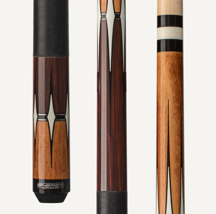 Players Energy Half & Half Antique stained maple & Rengas, White Diamond graphic w/Black Linen Wrap  Cue Stick