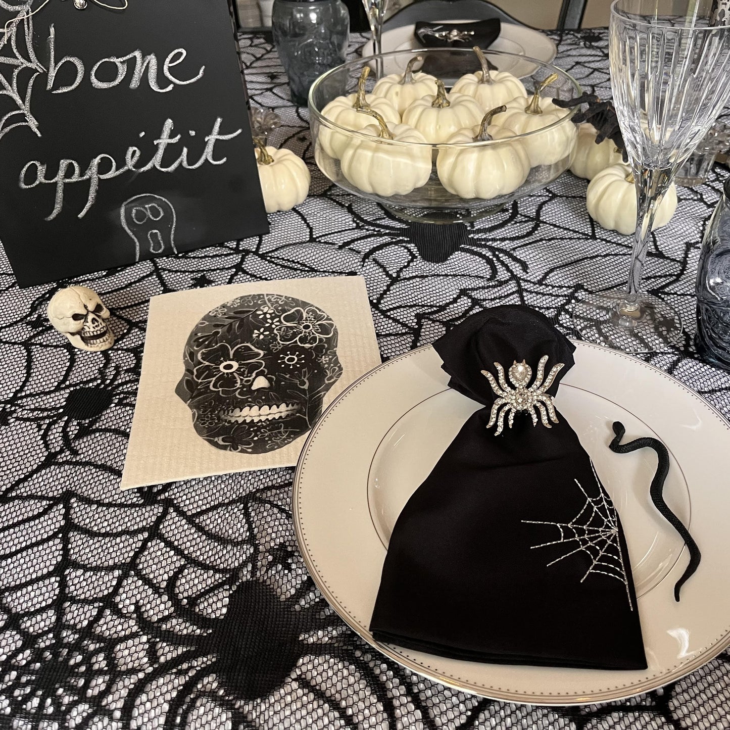 Black Flower Skull Swedish Dishcloth | Halloween & Dia de los Muertos