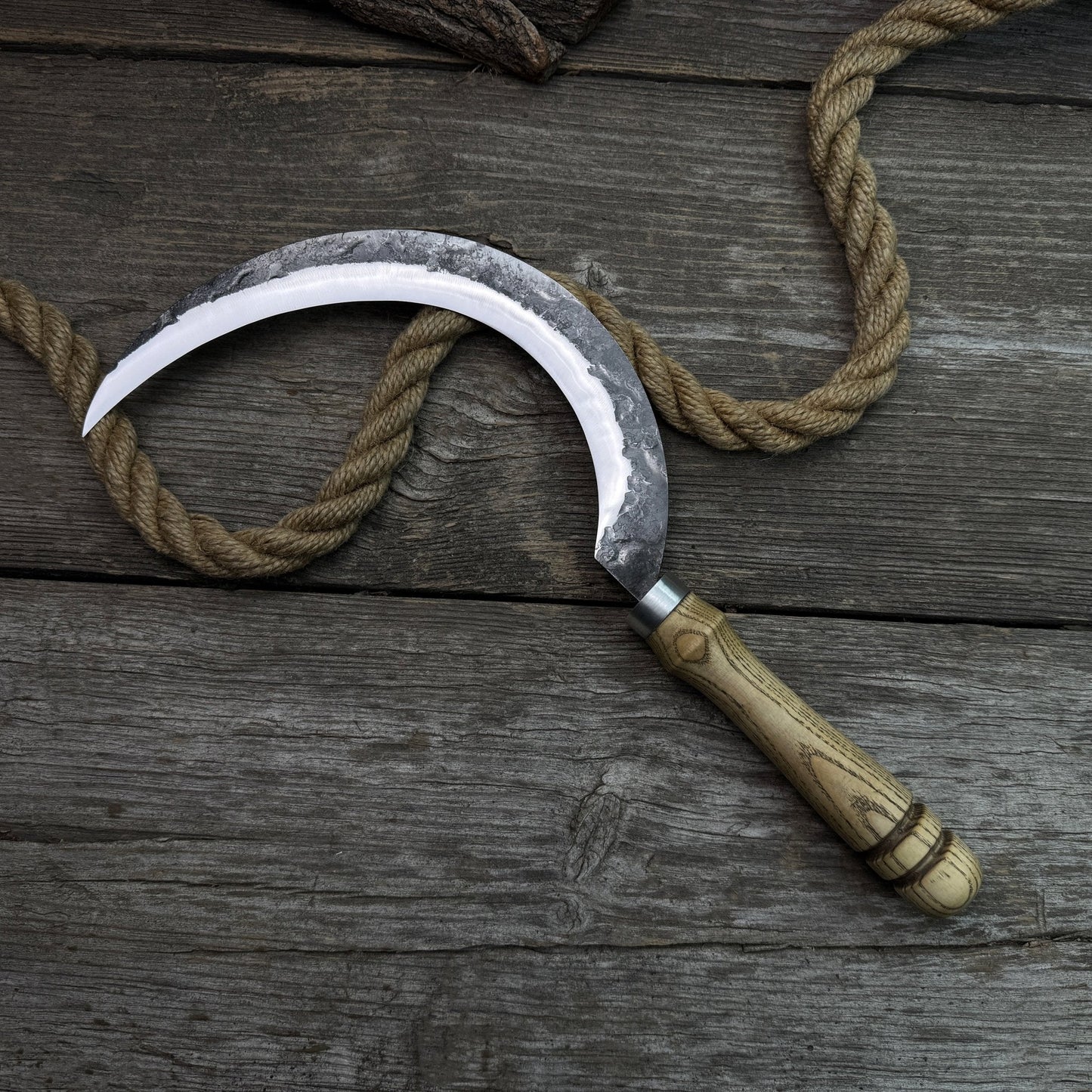 Hand-Forged Large Sickle, ⌀19 cm (7.5 inches) Blade, Leather Belt Attachment