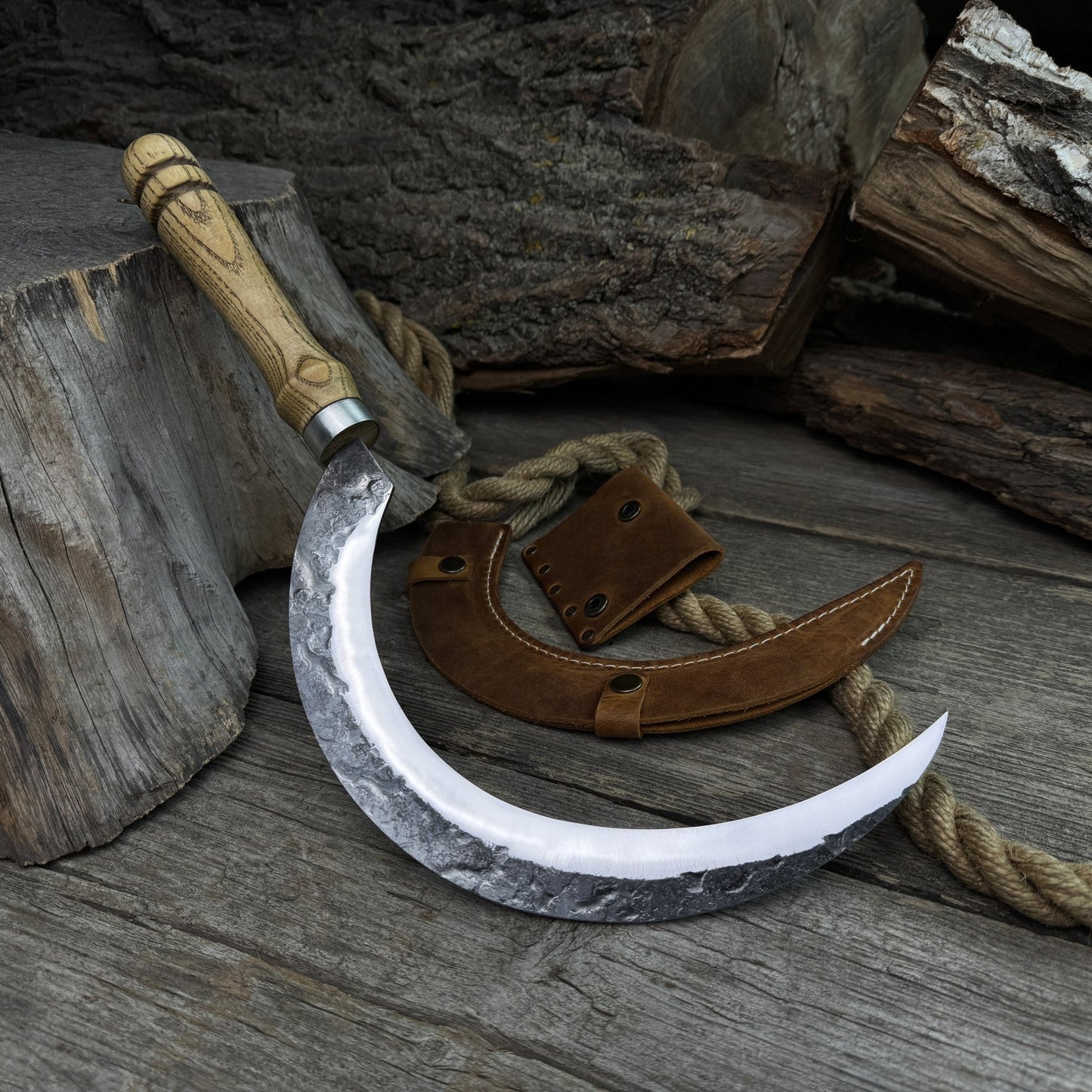 Hand-Forged Large Sickle, ⌀19 cm (7.5 inches) Blade, Leather Belt Attachment