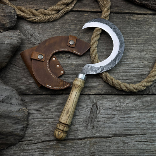 Hand-Forged Small Sickle – 9 cm (3.54 inches) Blade with Leather Belt Attachment