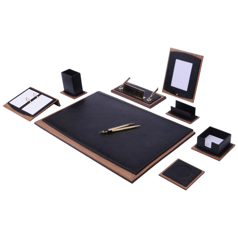 MOOG Star Leather Desk Set -Walnut Wood Combination - Green -10 PCS