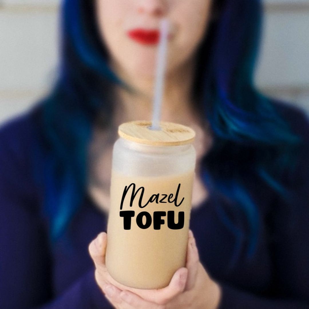 Mazel Tofu Jewish Vegan Glass Can Cup