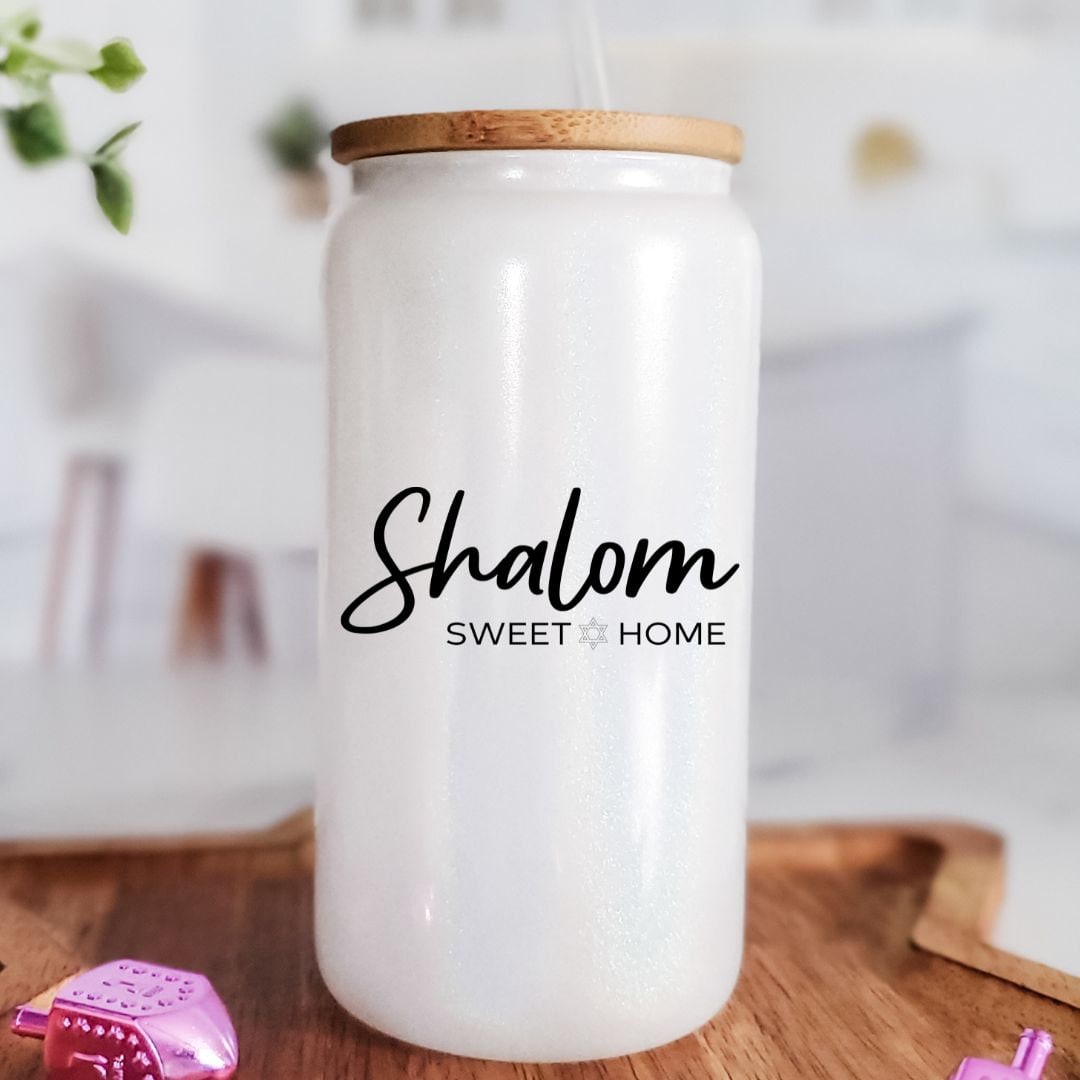 Shalom Sweet Home Printed Glass Can Cup