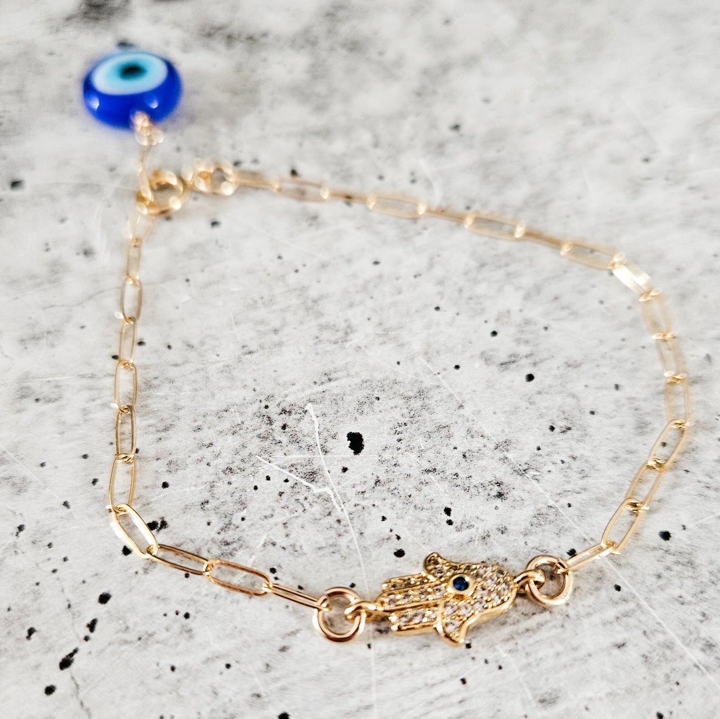 Dainty Gold or Silver Crystal Hamsa Evil Eye Bracelet