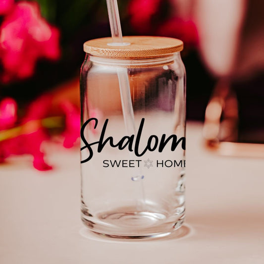 Shalom Sweet Home Printed Glass Can Cup
