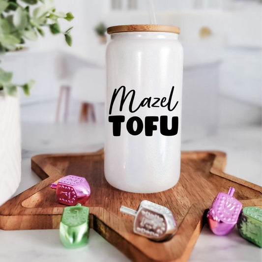 Mazel Tofu Jewish Vegan Glass Can Cup