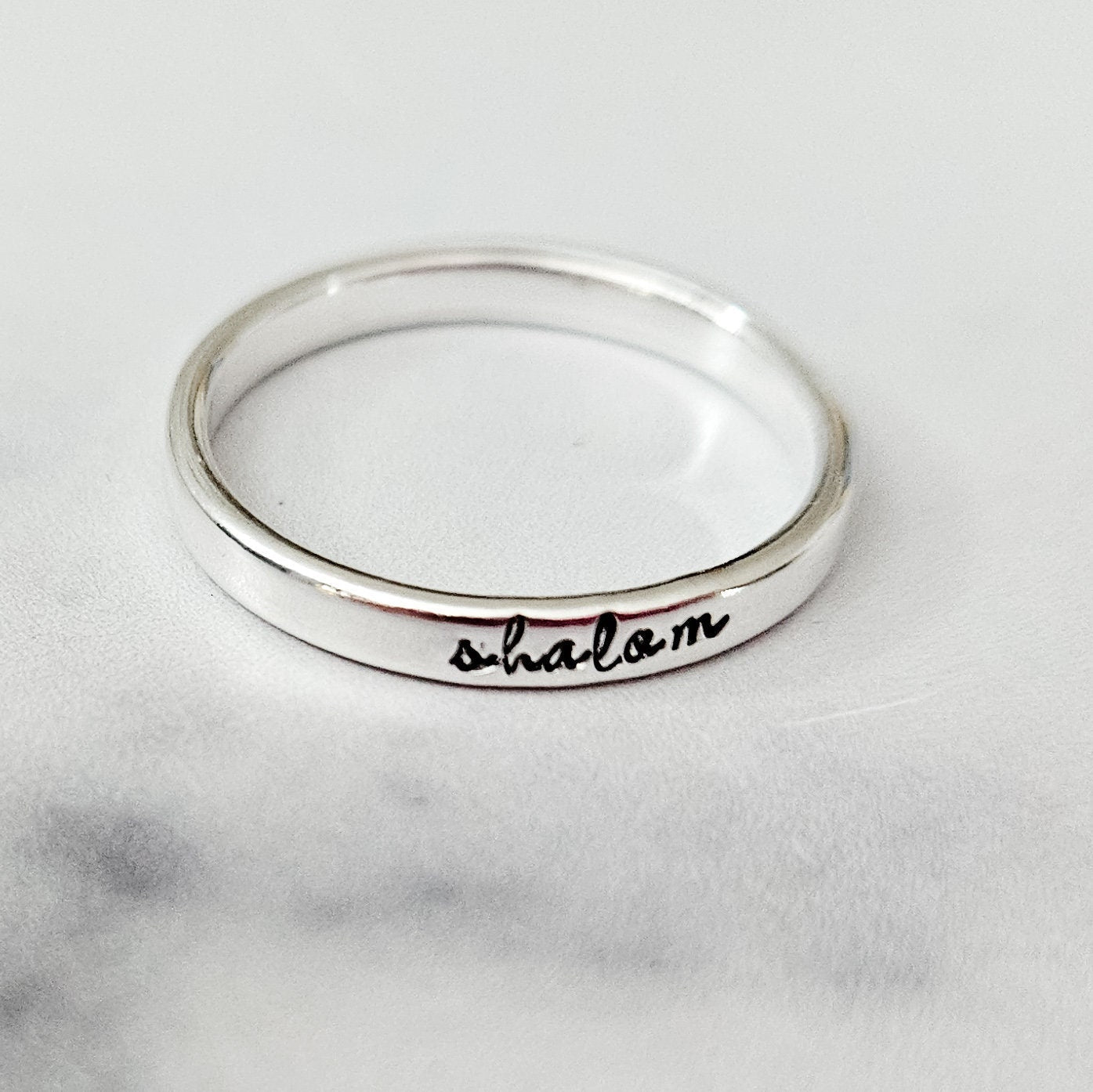 Shalom Sterling Silver Band Ring In English or Hebrew
