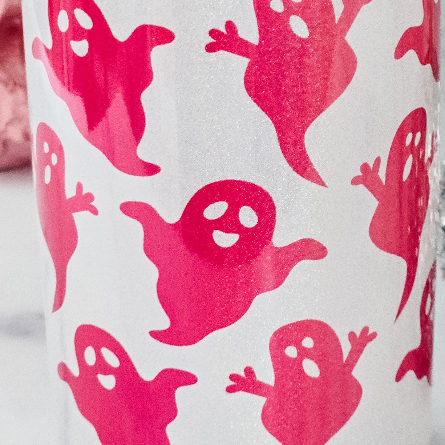 Pink Ghost Sparkly Printed Iced Coffee Cup