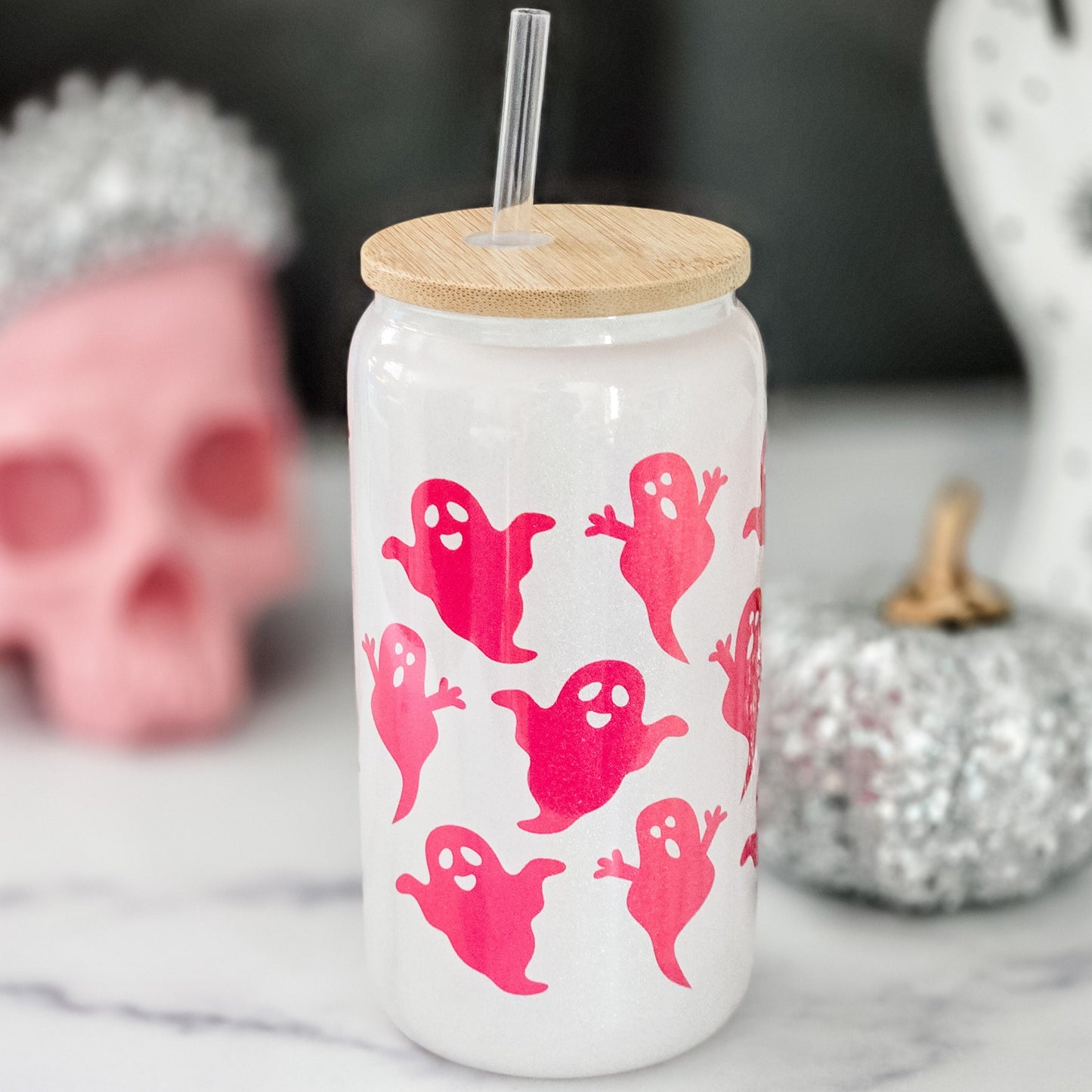 Pink Ghost Sparkly Printed Iced Coffee Cup