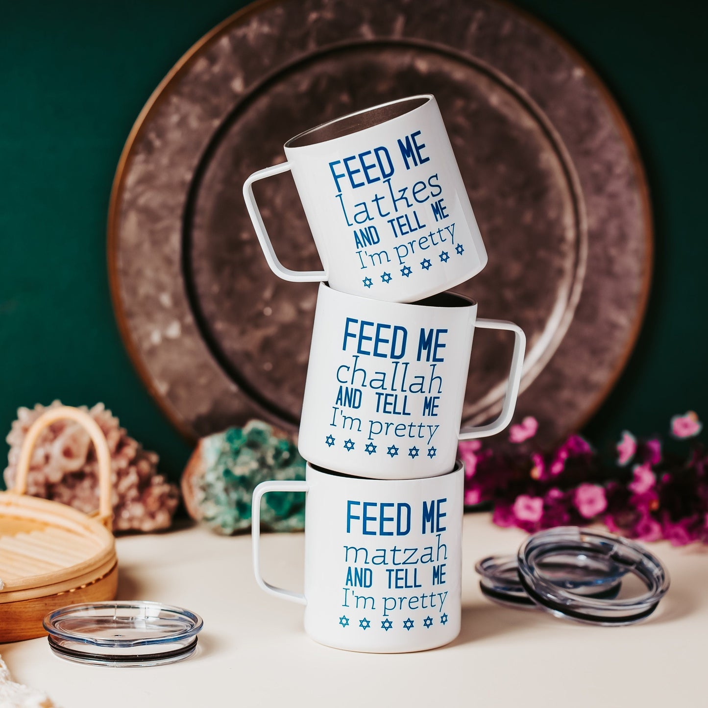 Feed Me Latkes Chanukah Insulated Mug with Lid