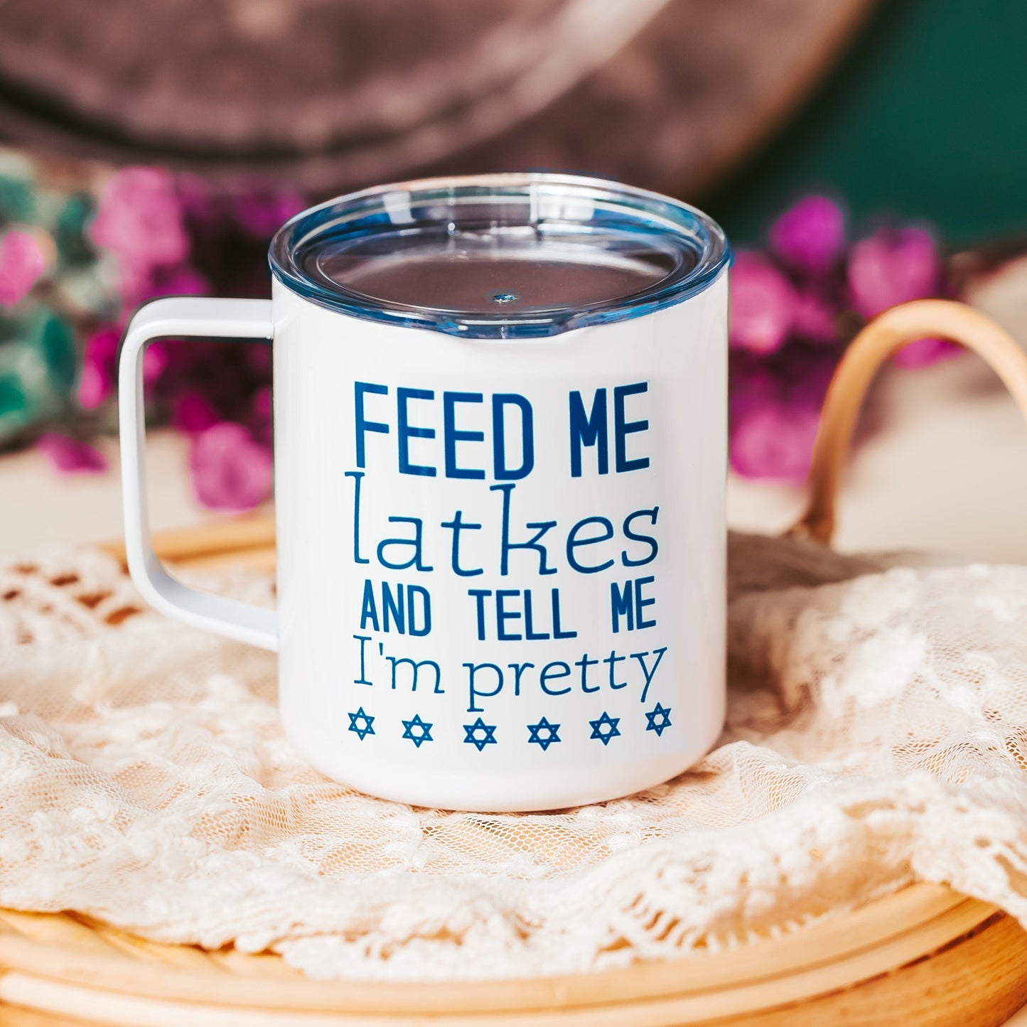 Feed Me Latkes Chanukah Insulated Mug with Lid