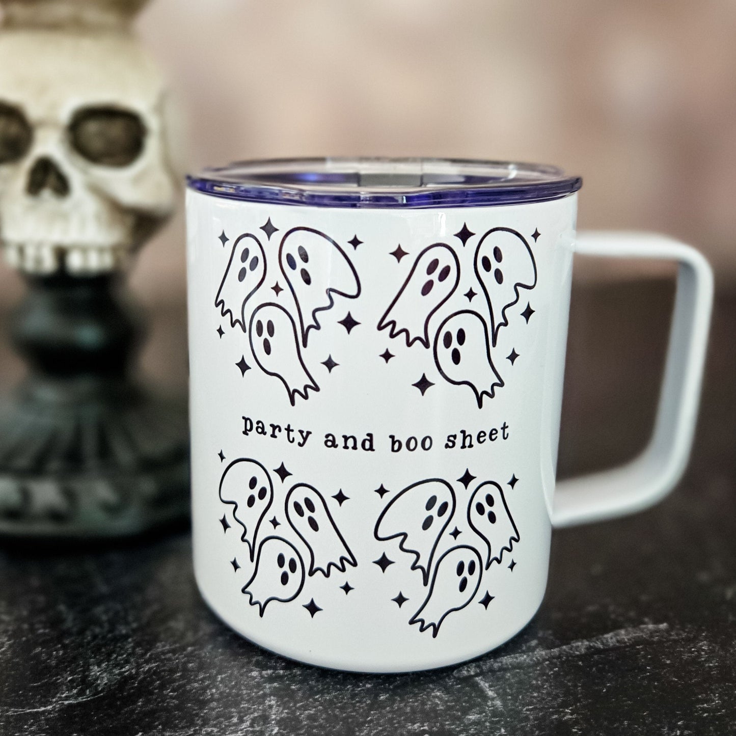 Party and Boo Sheet Halloween Travel Mug with Lid