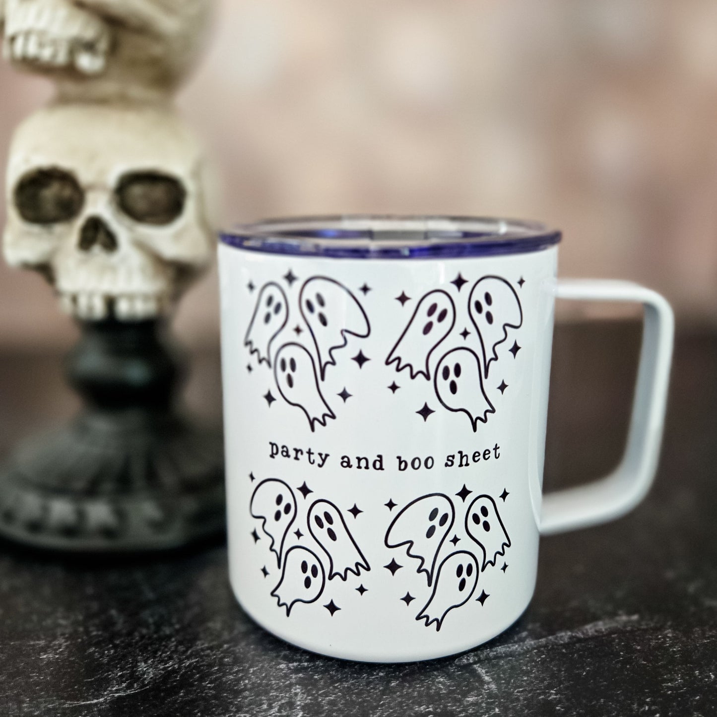 Party and Boo Sheet Halloween Travel Mug with Lid