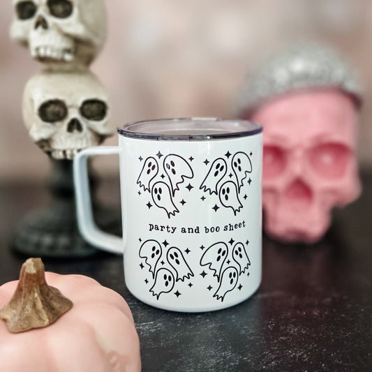 Party and Boo Sheet Halloween Travel Mug with Lid