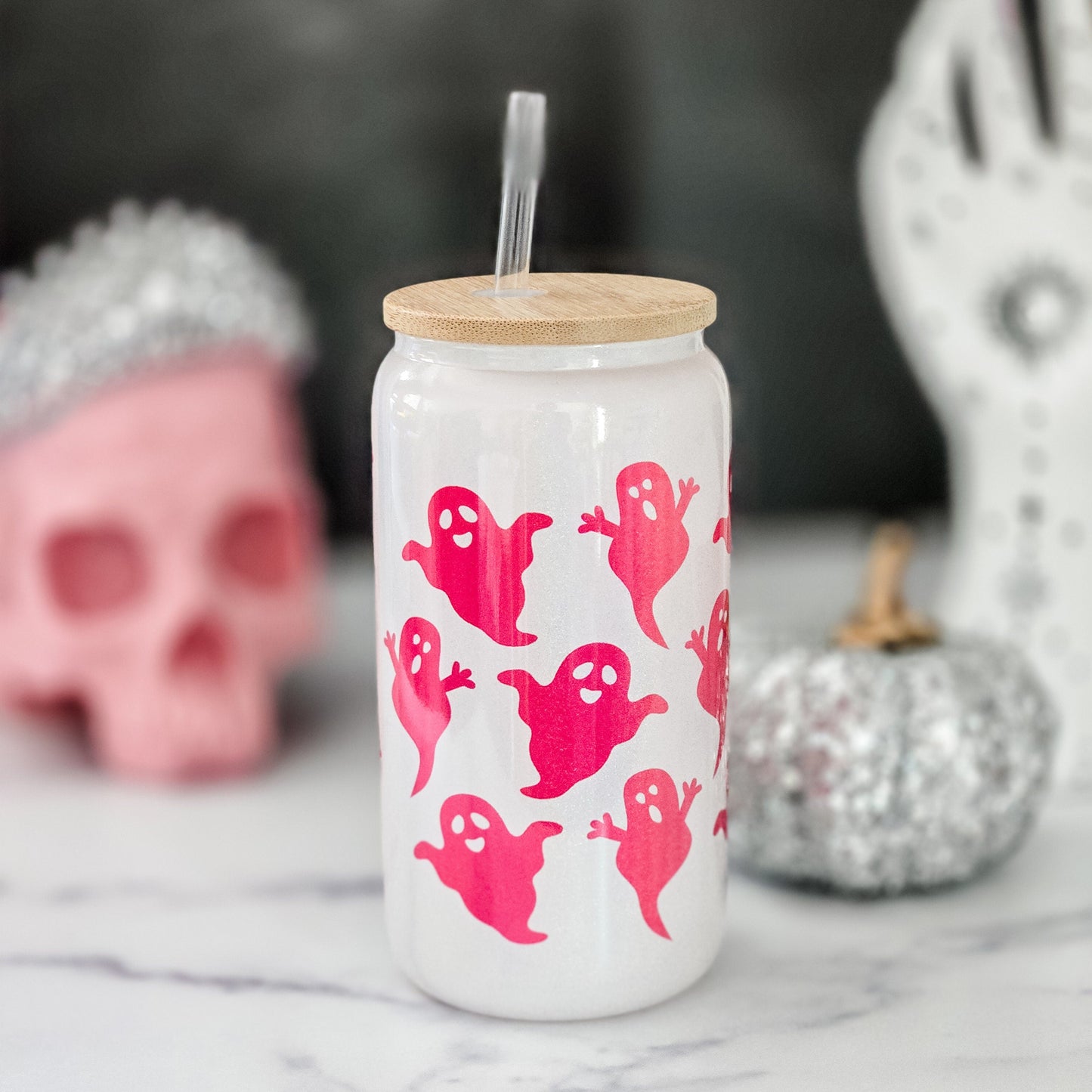 Pink Ghost Sparkly Printed Iced Coffee Cup