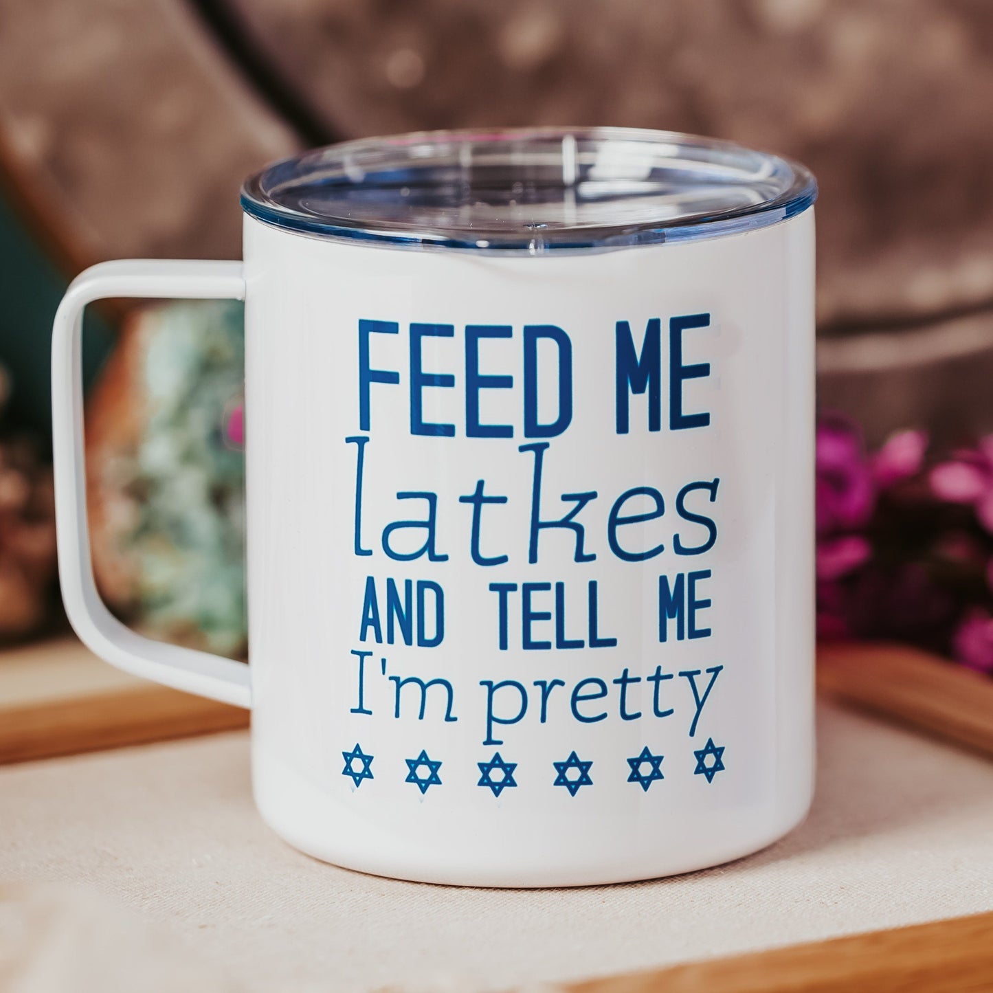 Feed Me Latkes Chanukah Insulated Mug with Lid