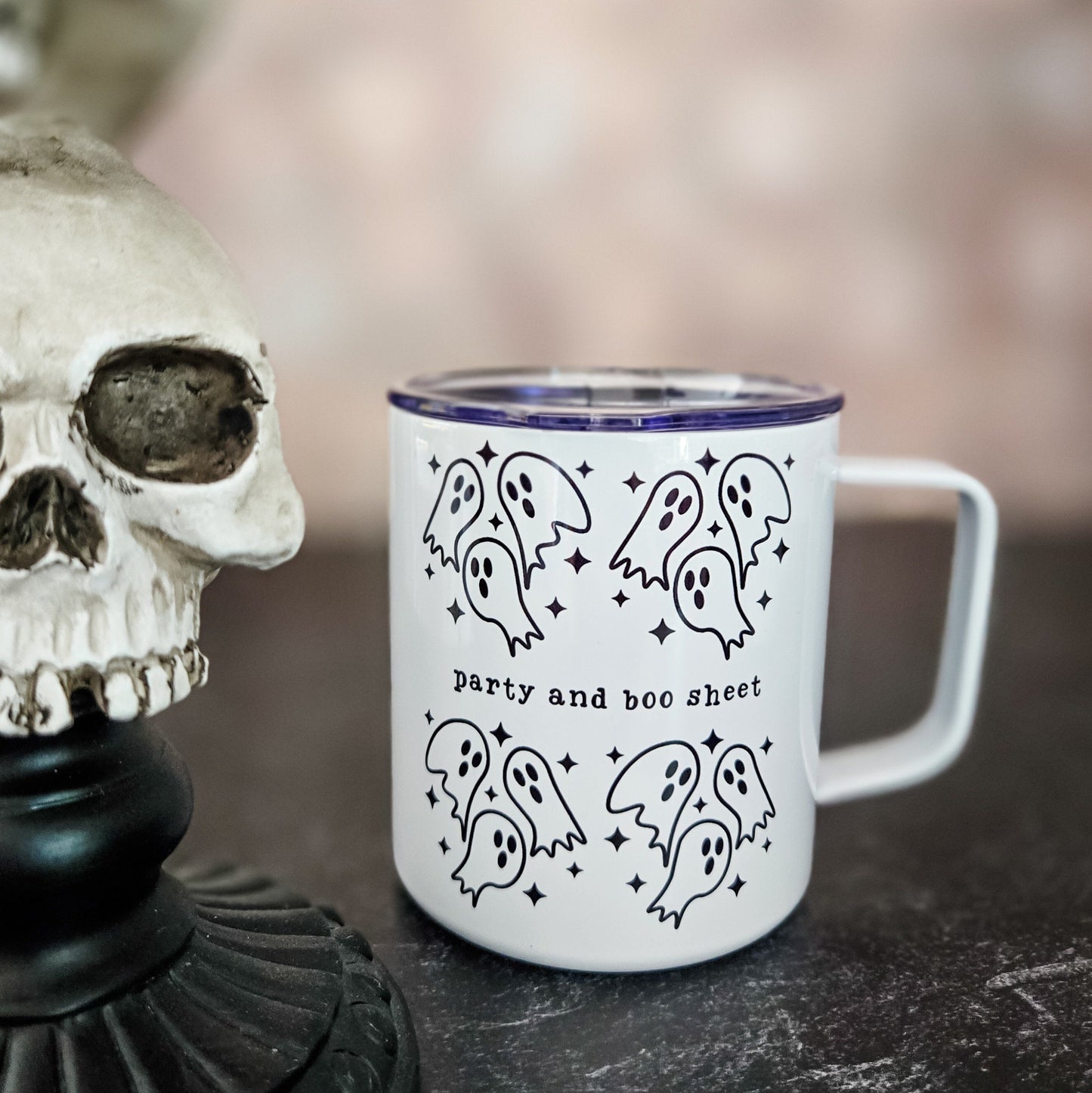 Party and Boo Sheet Halloween Travel Mug with Lid