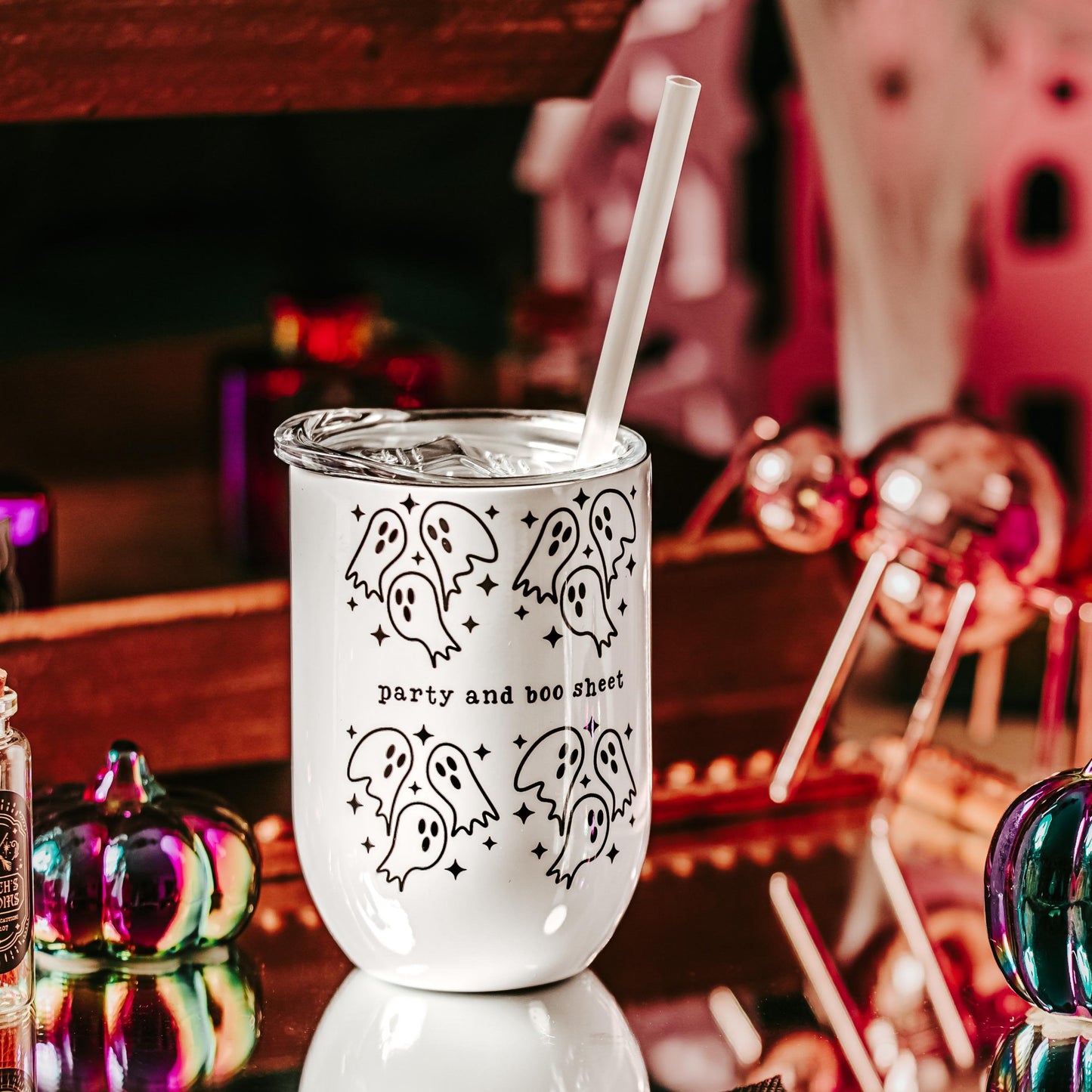Party and Boo Sheet Halloween Ghosts Wine Tumbler