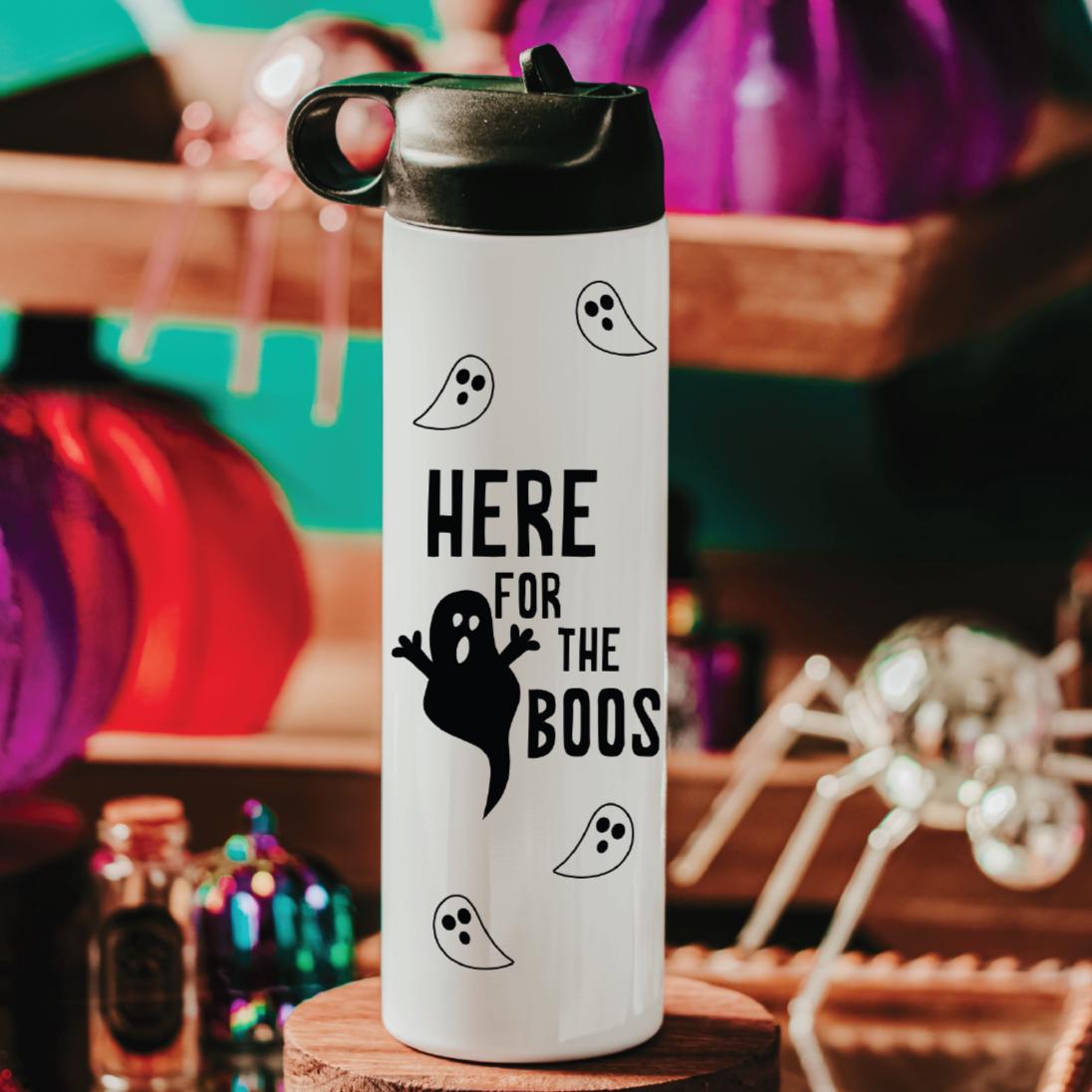 Here for the Boos Ghost Halloween Water Bottle Drink Tumbler