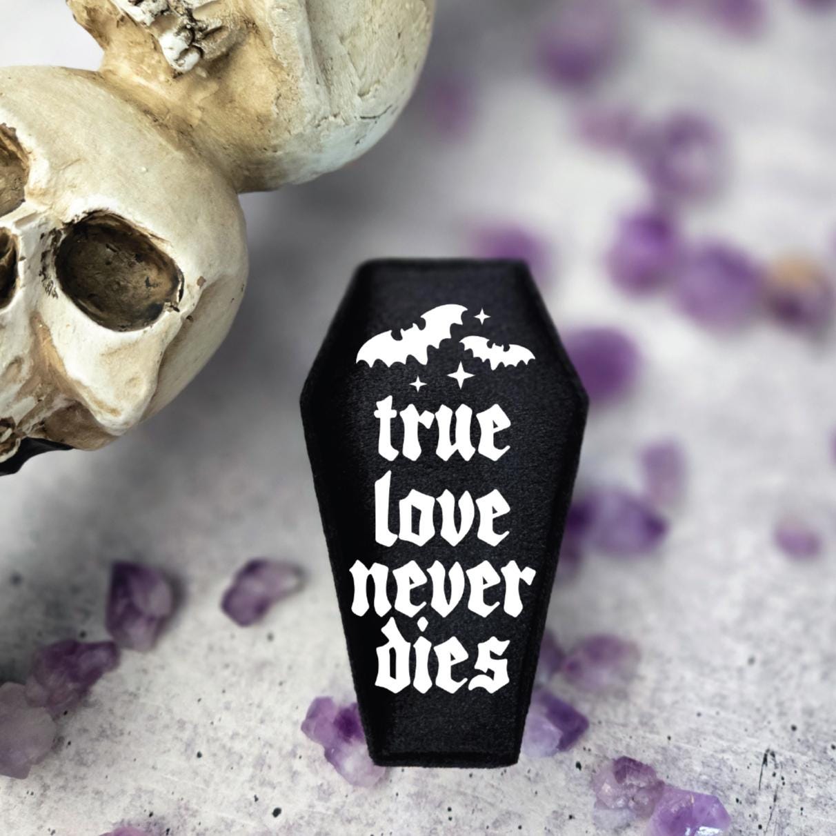 True Love Never Dies Black Velvet Coffin Ring Box