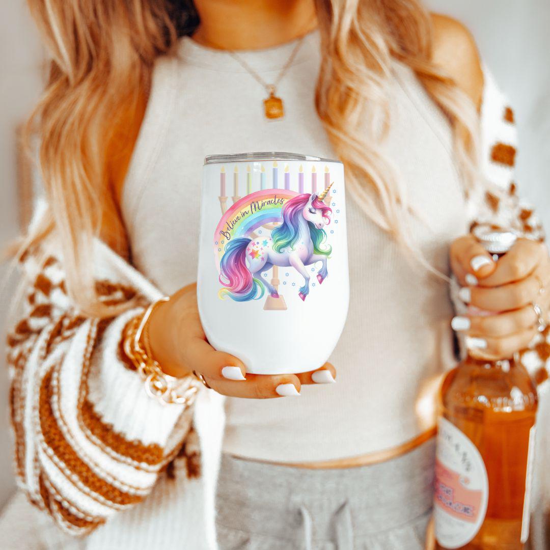 Believe in Miracles Unicorn Chanukah Wine Tumbler