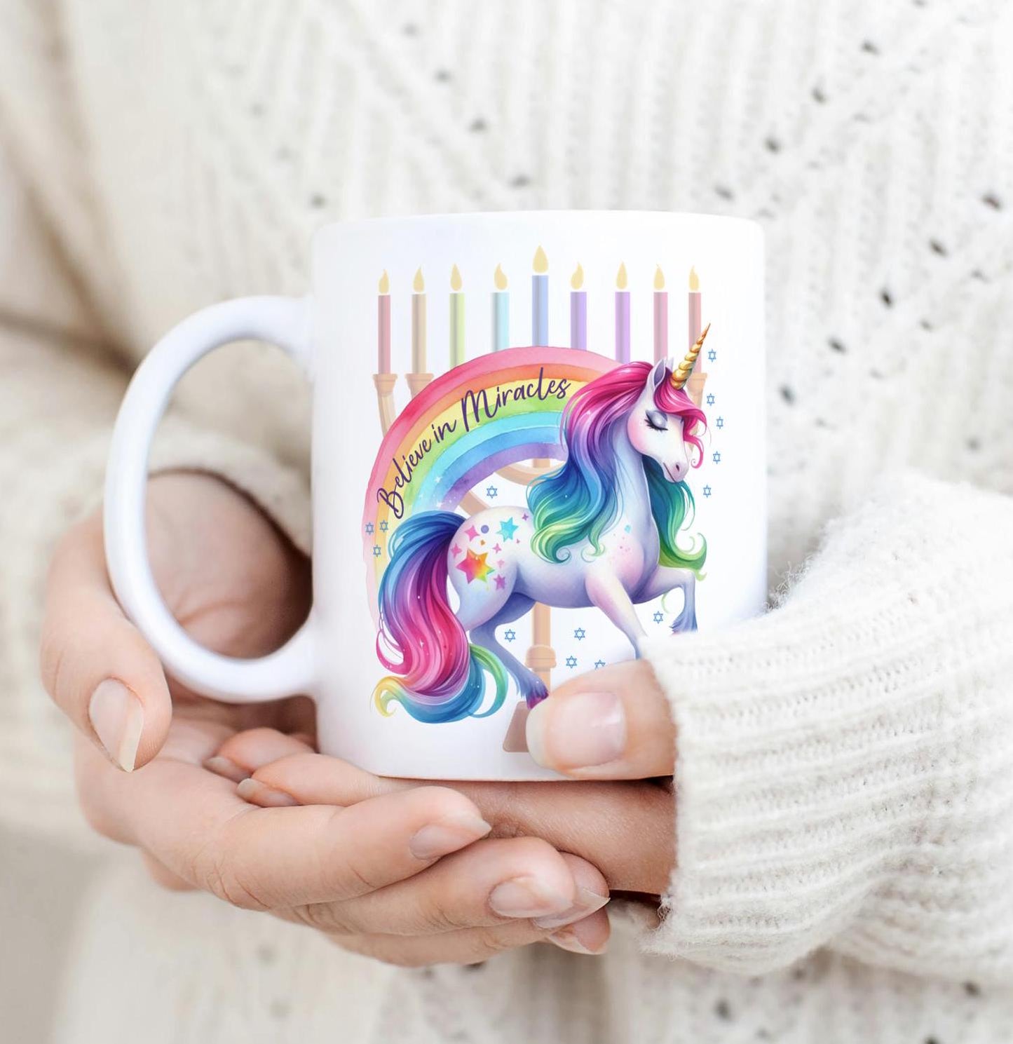 Believe in Miracles Unicorn Chanukah Ceramic Coffee Mug