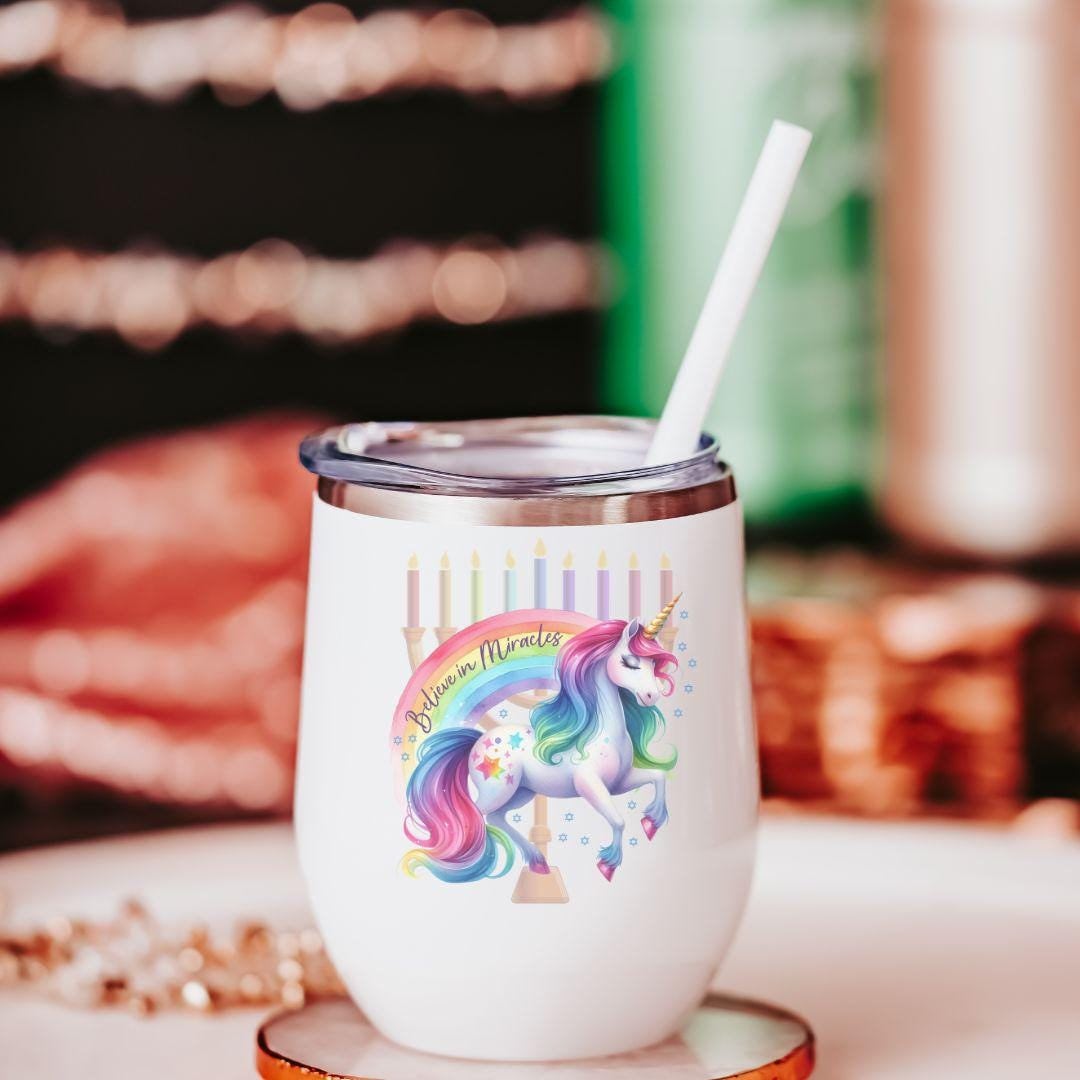 Believe in Miracles Unicorn Chanukah Wine Tumbler