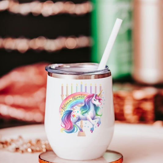 Believe in Miracles Unicorn Chanukah Wine Tumbler