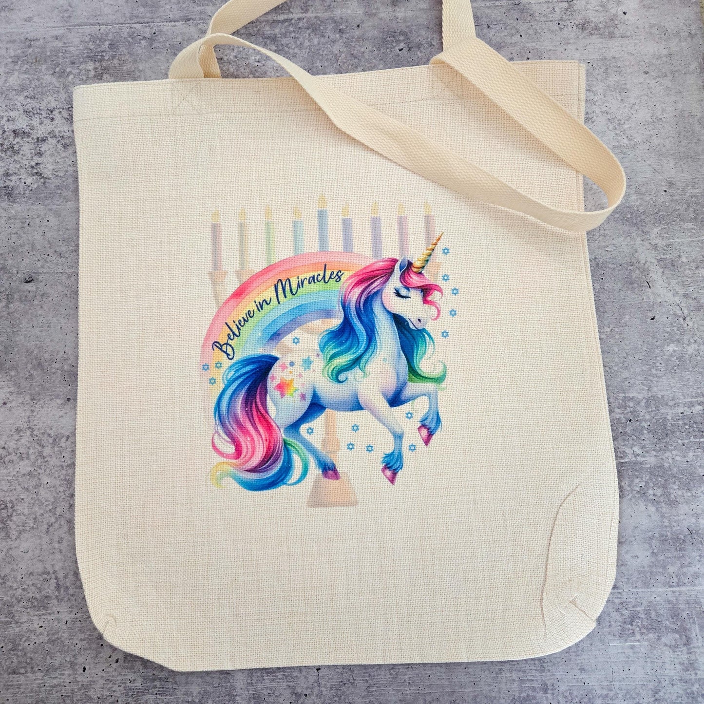 Believe in Miracles Unicorn Menorah Tote Bag