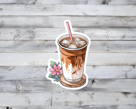 Iced Coffee Watercolor Flower Vinyl Sticker