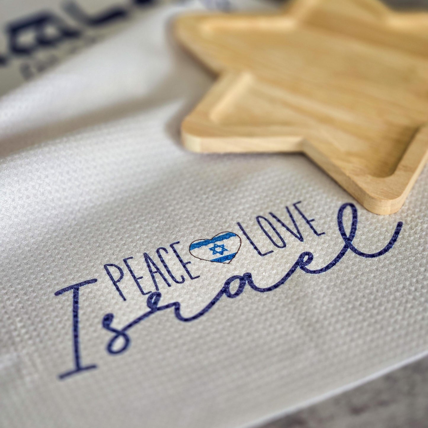 Peace Love Israel English and Hebrew Minimalist Waffle Dish Towel