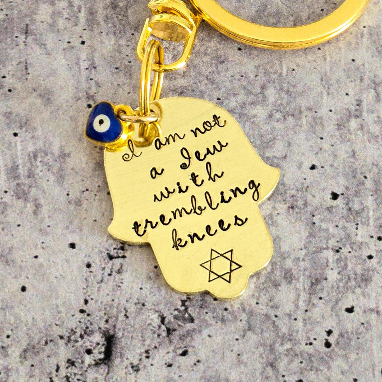 Not a Jew with Trembling Knees Brass or Aluminum Hamsa Keychain