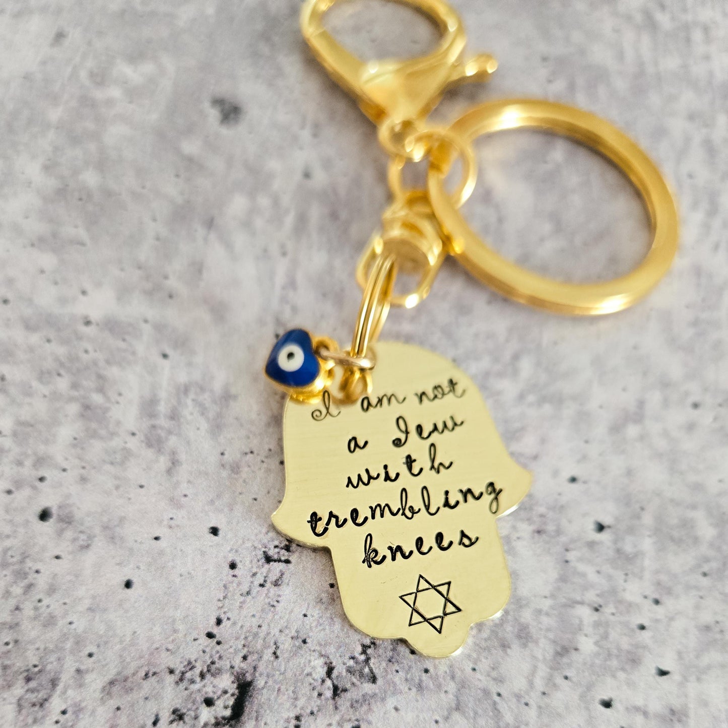 Not a Jew with Trembling Knees Brass or Aluminum Hamsa Keychain