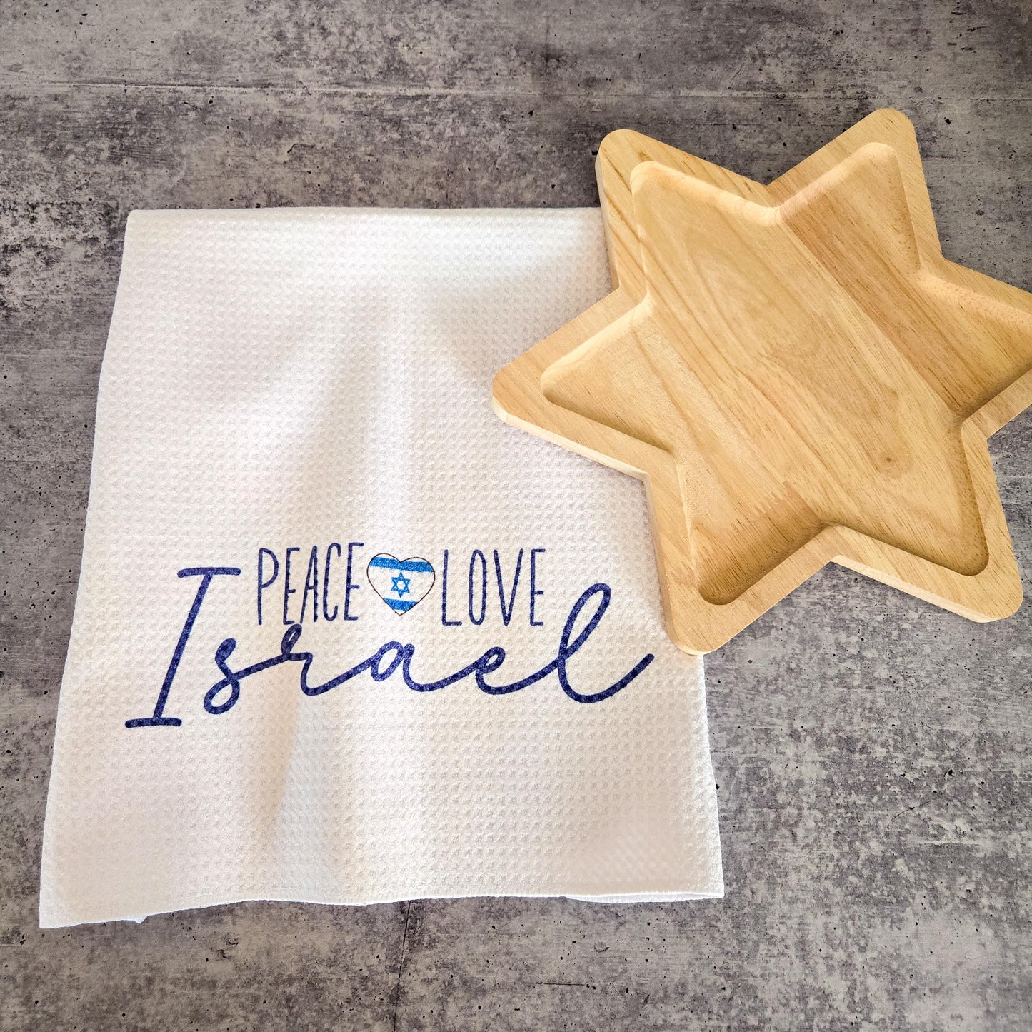Peace Love Israel English and Hebrew Minimalist Waffle Dish Towel