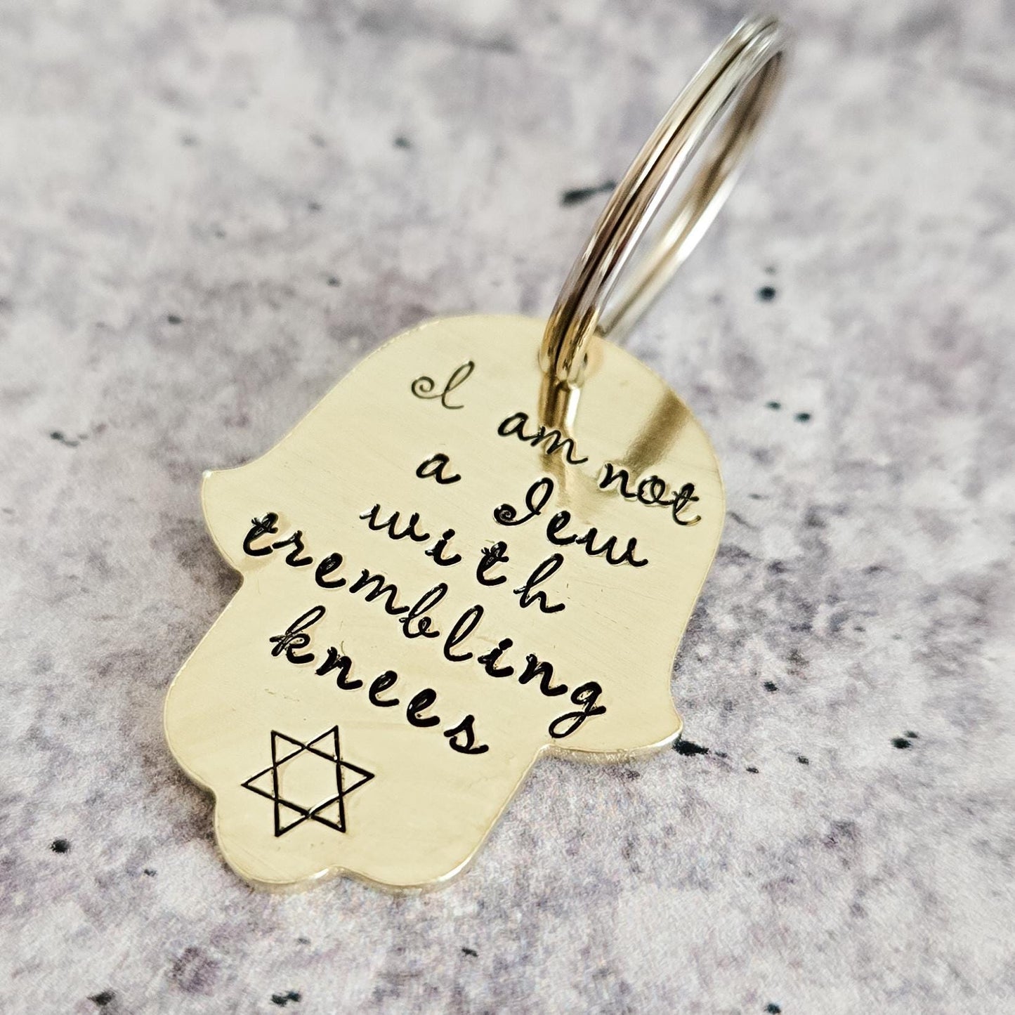 Not a Jew with Trembling Knees Brass or Aluminum Hamsa Keychain