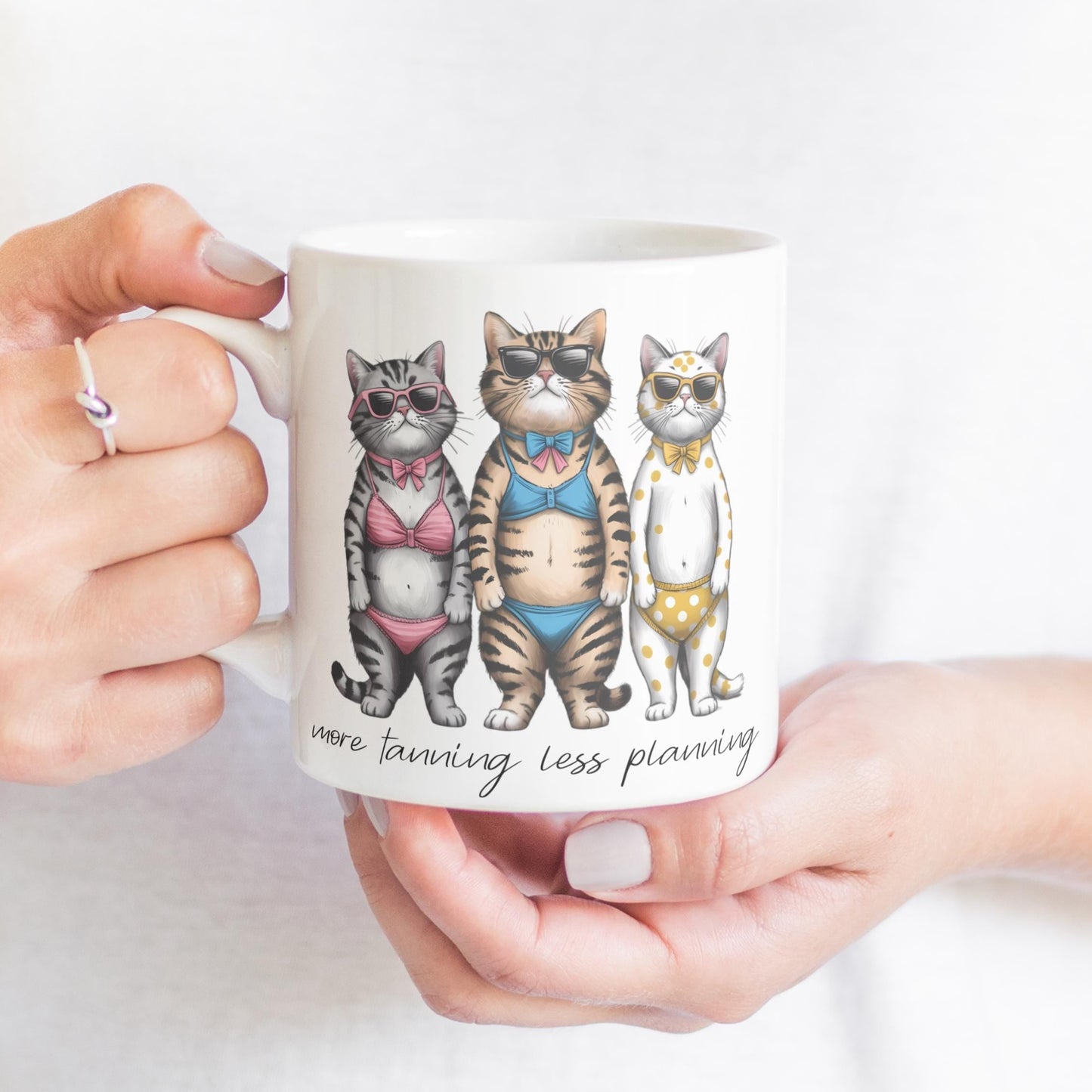 More Tanning Less Planning Funny Teacher Bikini Cats Mug