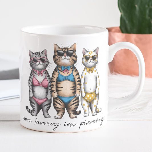 More Tanning Less Planning Funny Teacher Bikini Cats Mug