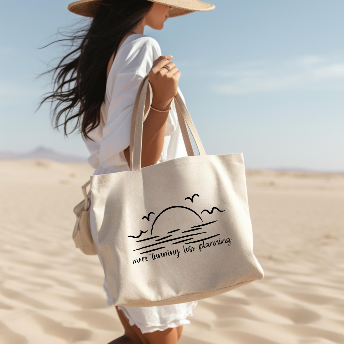 More Tanning Less Planning Personalized Oversized Linen Teacher Beach Bag