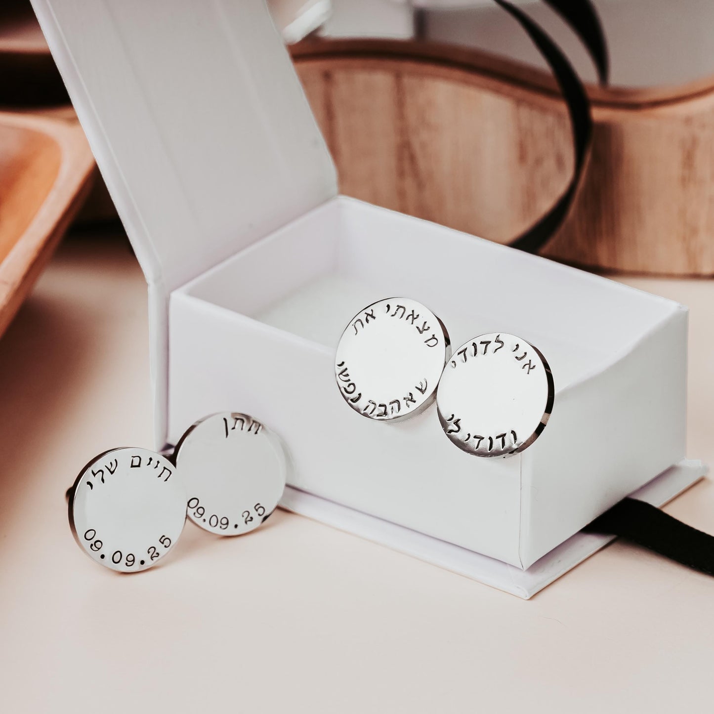 Custom Hebrew and English Cufflinks for Groom in Gold or Silver